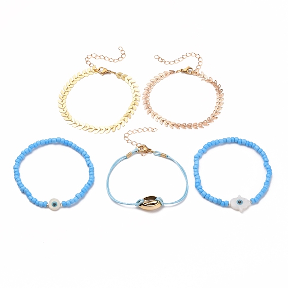 Bracelets Sets, Including Brass Cobs Chain Bracelets, Glass Seed Stretch Bracelets, with Evil Eye Natural Shell Beads, Waxed Polyester Cord and 304 Stainless Steel Lobster Claw Clasps