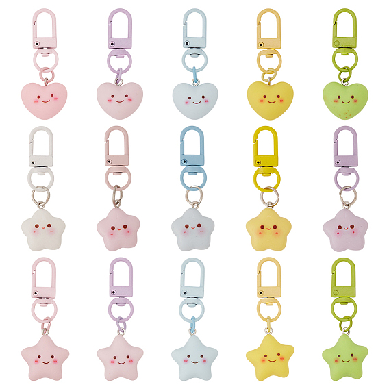 15шт. 15 стили брелоков-подвесок из смолы, с поворотными застежками сплава, звезда/сердце