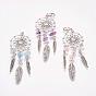 Woven Net/Web with Feather Alloy Big Pendants, with Natural Gemstone Beads and Brass Lobster Claw Clasps, Antique Silver and Platinum