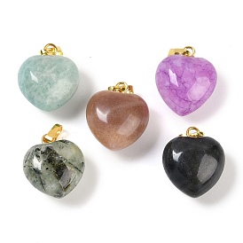 Natural Gemstone Pendants, Heart Charms with Brass Snap on Bails