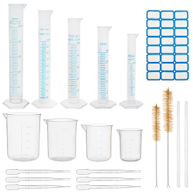 GLOBLELAND Measuring Cylinder Tools Sets, with Plastic Measuring Cylinder & Cup, Glass Stirring Rod, Pig Hair Test Tube Brush, Plastic Pipettes, Sticker Labels