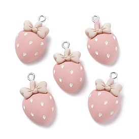 Opaque Resin Pendants, with Platinum Tone Iron Loops, Strawberry with Bowknot