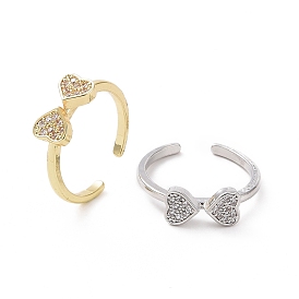 Clear Cubic Zirconia Heart Bowknot Open Cuff Ring, Brass Jewelry for Women