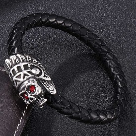 Genuine Leather Wrap Wide Cord Bracelet, with Stainless Steel Magnetic Clasps, Skull