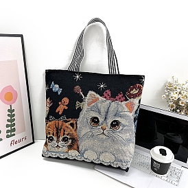 Cartoon Cat Pattern Canvas Women's Tote Bags, Shoulder Bags for Shopping, Rectangle