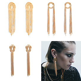 Exaggerated Multi-layered Copper Chain Tassel Earrings with Knot Design for a Slimming Effect and European-American Style.