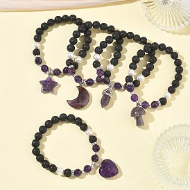 Браслеты с подвесками из натурального аметиста, лавового камня и жемчуга из ракушек., круглые эластичные браслеты из бусин для женщин, С немагнитным синтетическим гематитом