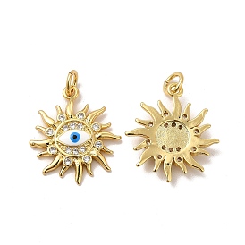 Rack Plating Brass Micro Pave Cubic Zirconia Pendants, with Jump Rings & Enamel, Long-Lasting Plated, Lead Free & Cadmium Free, Sun with Evil Eye Charm