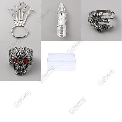 Pulsera con calavera de diamantes de imitación de Siam, cúpula ancha, garra de águila y garra en la punta de la uña, y anillo de mano completo con esqueleto., conjunto de joyas de aleación punk para hombres y mujeres