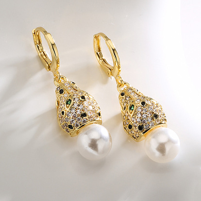 European-style Copper Plated Gold Zircon Pearl Leopard Earrings for Women