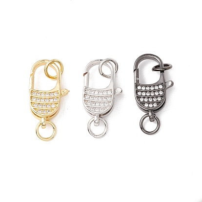 Brass Micro Pave Clear Cubic Zirconia Lobster Claw Clasps, with Jump Rings, Cadmium Free & Lead Free, Long-Lasting Plated