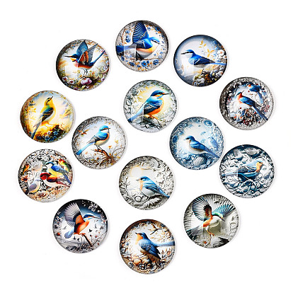 Кабошоны из стекла, полукруглый, цветок и птица узор