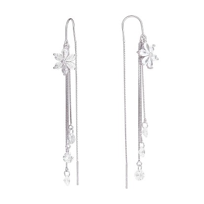 Clear Cubic Zirconia Flower with Chain Tassel Dangle Earrings, 925 Sterling Silver Long Drop Ear Thread for Women