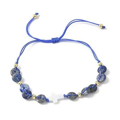 Бусины из натурального лазурита плетеные браслеты из бусин, с 304 бусинами из нержавеющей стали и крестом из натуральных ракушек