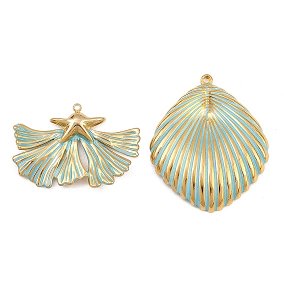 304 Stainless Steel with Enamel Pendants, Starfish with Ginkgo Leaf/Shell Shape Charms, Ion Plating(IP), Real 18K Gold Plated