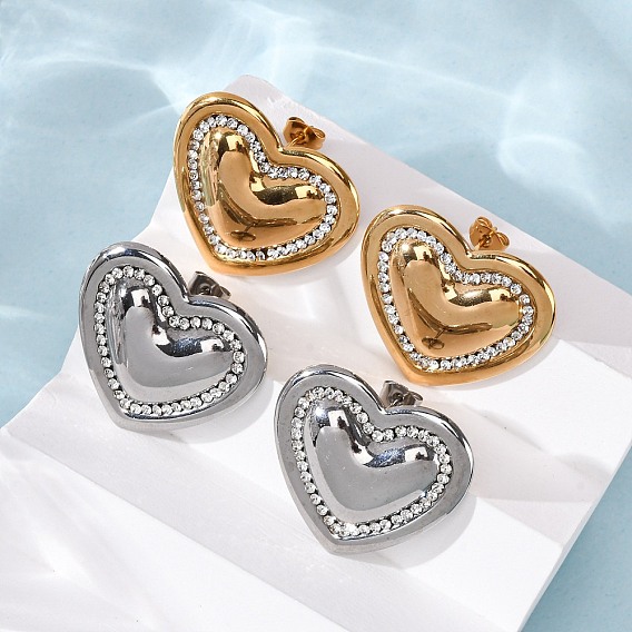 304 серьги из нержавеющей стали горный хрусталь, вакуумное покрытие pvd, сердце