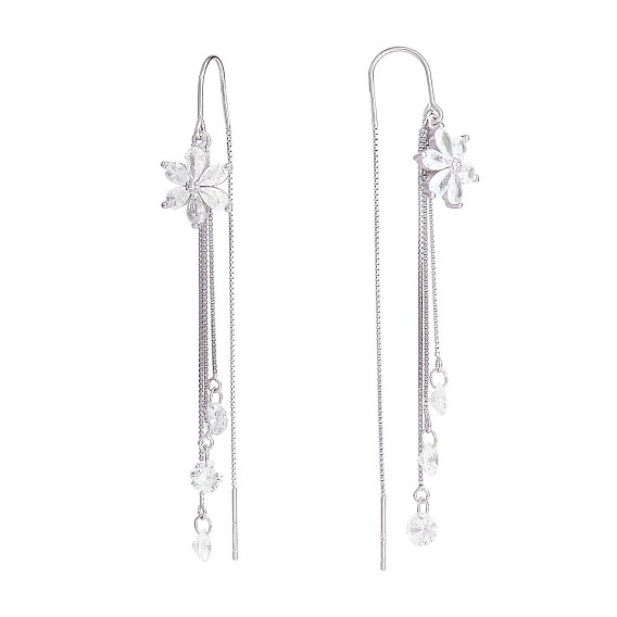 Clear Cubic Zirconia Flower with Chain Tassel Dangle Earrings, 925 Sterling Silver Long Drop Ear Thread for Women