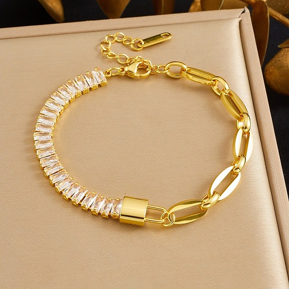 304 из нержавеющей стали Figaro цепи браслеты, Прямоугольные цепочки с кристаллами для женщин