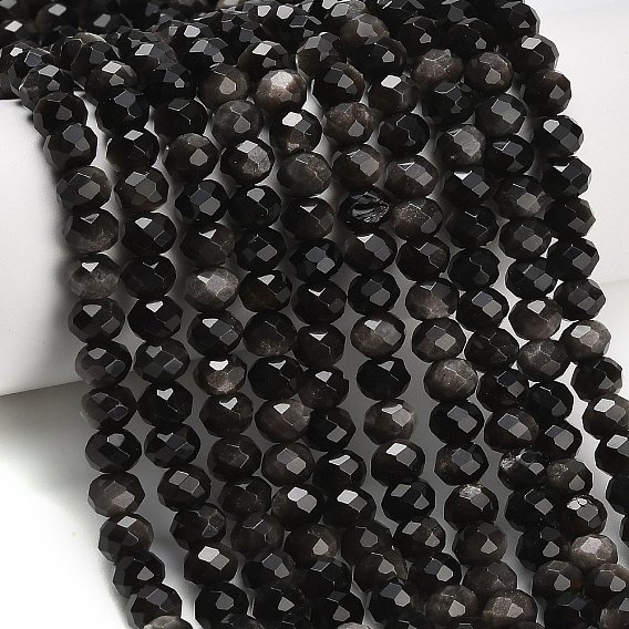 Бусы из натурального серебра обсидиан, рондель, граненые