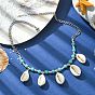Natural Shell Bib Necklace, with Synthetic Turquoise Beaded Chains