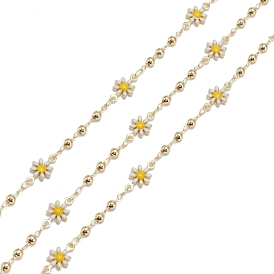 Handmade Golden Brass Enamel Link Chains, with Round Beads and Spool, Soldered, Long-Lasting Plated, Flower