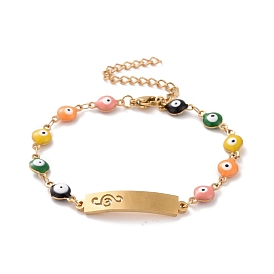 Vacuum Plating 304 Stainless Steel Rectangle with Music Note Link Bracelet, Colorful Enamel Evil Eye Chains Bracelet for Women