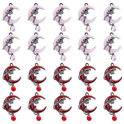 20шт 2 цветной сплав подвески со стразами, луна с розой, cmолой, стойки покрытие, металлический черный 