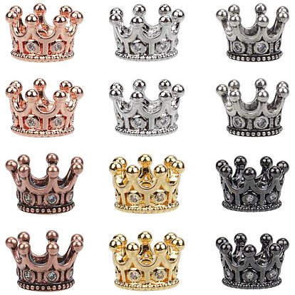 Brass Micro Pave Clear Cubic Zirconia Beads, Large Hole Beads, Long-Lasting Plated, Crown