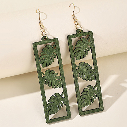 Iron Wood Dangle Earrings for Women, Dark Olive Green, Golden