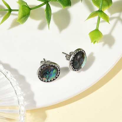Paua Shell & Brass Stud Earrings for Women, Round, Iron Rhinestone Stud Earrings