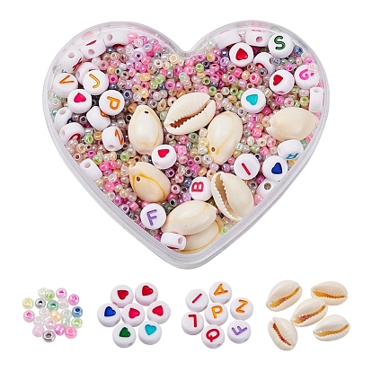 Round Glass Seed Beads Kit for DIY Jewelry Making Finding Kit, with Letter & Heart Pattern Acrylic Beads, Natural Cowrie Shell Beads