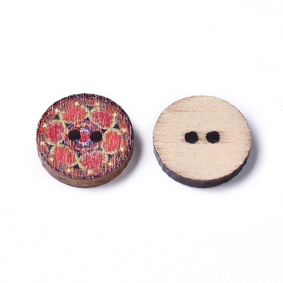 Printed Poplar Wood Buttons, 2-Hole, Dyed, Flat Round with Flower Pattern