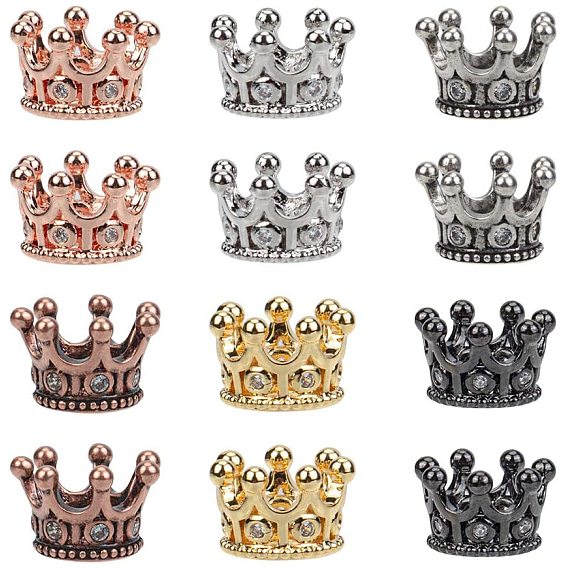 Brass Micro Pave Clear Cubic Zirconia Beads, Large Hole Beads, Long-Lasting Plated, Crown