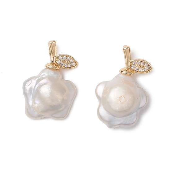 Натуральные кеши жемчужные подвески, Подвески в виде цветов с латунным микропаве из прозрачных кубических цирконий в форме листа, цветочный белый