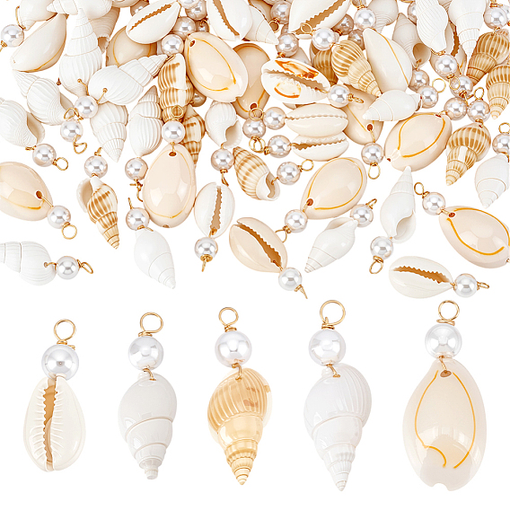 100 шт. 5 стили подвески из натурального смешанного материала: ракушки и АБС-пластик с имитацией жемчуга, Подвески в форме ракушки с петлями из медной проволоки, разноцветные