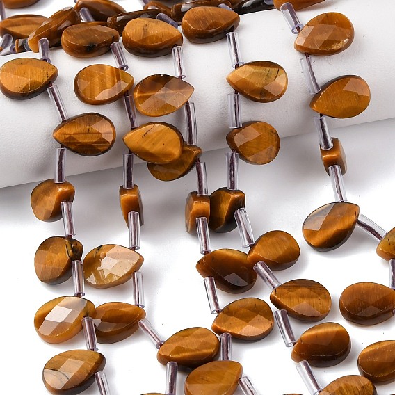 Природных тигровый глаз бисер нитей, Грановитая Teardrop, Топ пробуренной, с пластиковыми трубчатыми бусинами