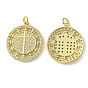 Rack Plating Brass Micro Pave Cubic Zirconia Pendants,, Long-Lasting Plated, Lead Free & Cadmium Free, Flat Round with Cross Charm