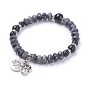 Natural Obsidian Stretch Charm Bracelets, with Gemstone and Alloy Pendant, Flat Round with Lotus and Ohm