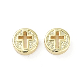 Rack Plating Brass Beads, Long-Lasting Plated, Lead Free & Cadmium Free, Flat Round with Cross