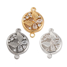 Brass Pave Clear Cubic Zirconia Connector Charms, Flat Round with Butterfly