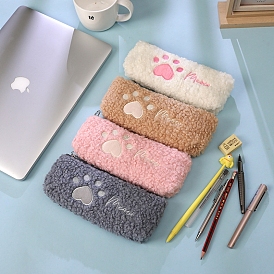 Paw Print Pattern Plush Pen Case Bag with Zipper, Pencil Pouch for Office School Students
