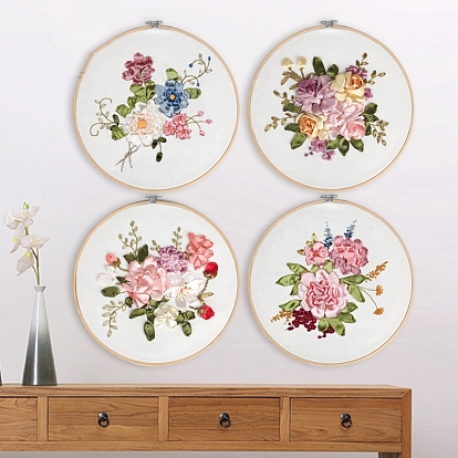 DIY Flower & Leaf Pattern Embroidery Kits, Including Printed Cotton Fabric, Embroidery Thread & Needles, Imitation Bamboo Embroidery Hoop