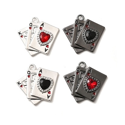 Подвески из эмали и сплава, со стразами, без свинца, без кадмии и без никеля, стойки покрытие, игральная карта с сердечком