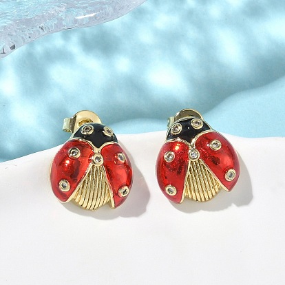 Серьги-гвоздики из латуни с микропаве из кубического циркония, с эмалью, коровка, долговечный, без кадмия и без свинца