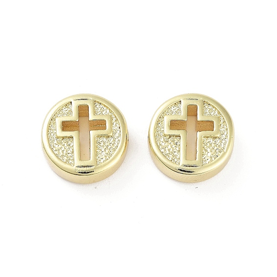 Accumuler perles de laiton placage, plaqué longue durée, sans plomb et sans cadmium, plat et circulaire avec croix