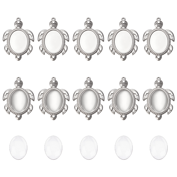 Сделай сам 304 наборы для изготовления подвески в виде морской черепахи из нержавеющей стали, включая прозрачные овальные стеклянные кабошоны