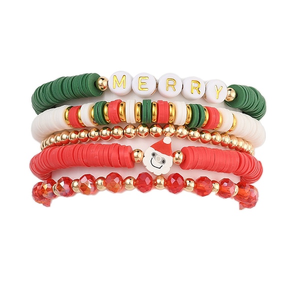 Браслеты из полимерной глины, акрила, стекла и латунных бусин на рождественскую тематику, стрейч браслеты
