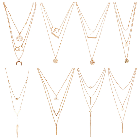 8 шт. 8 стиль сплава кабельные цепи 3 набор ожерелий, ожерелья с подвесками в форме треугольника, полосы, рога и кольца для женщин