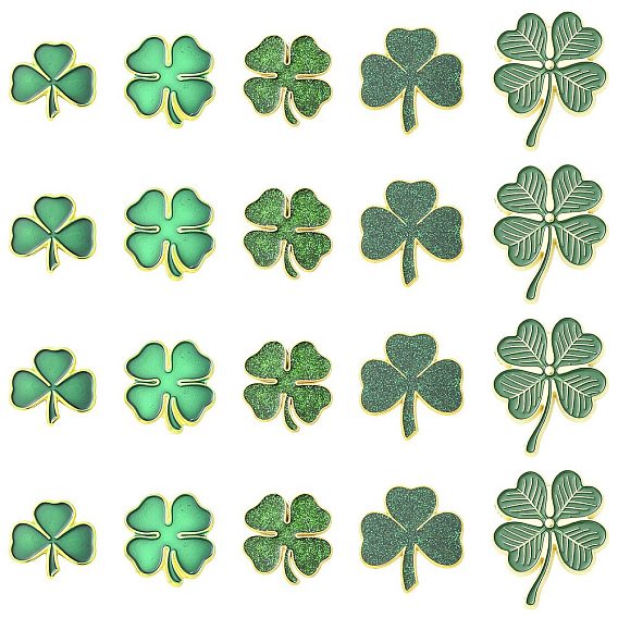 20 piezas 5 estilos broches de solapa de aleación esmaltada con trébol del día de San Patricio para mochilas y ropa, dorado