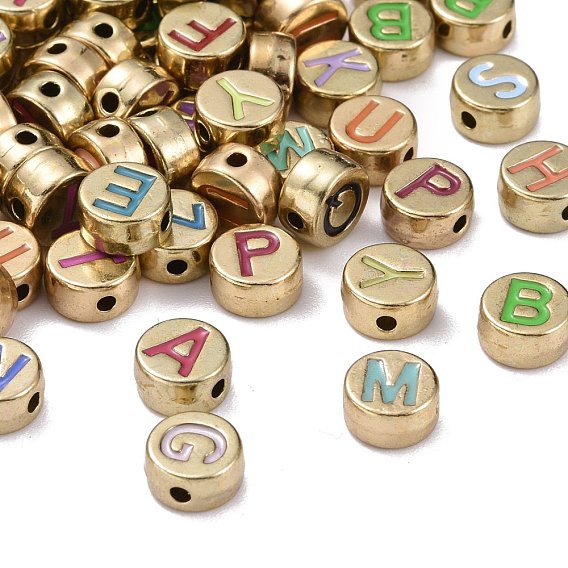 Legierung Emaille-Perlen, cadmiumfrei und bleifrei, flach rund mit Anfangsbuchstaben, Licht Gold